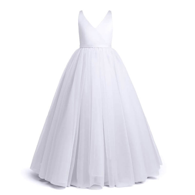 Robe Princesse Fille Blanche Satin - Pour Mariage, Cérémonie, Avec Ceinture Nœud Papillon, Tailles 2-14 Ans