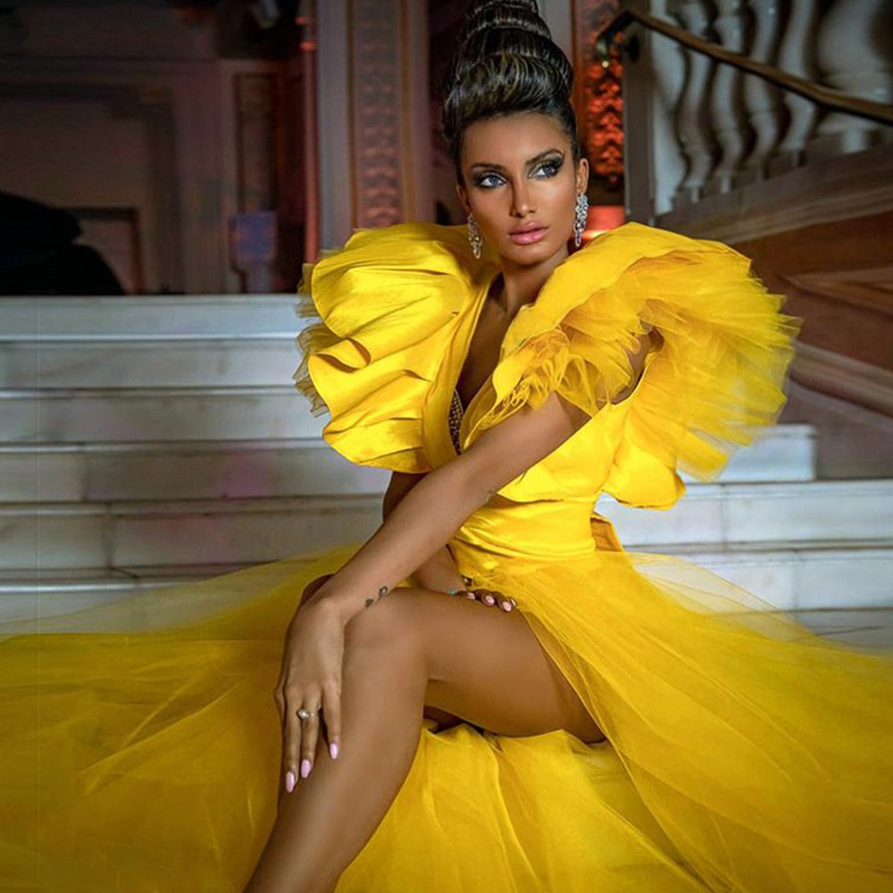 Ma-Robe-Princesse - Robe Princesse Jaune en Tulle decolletée